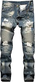 [Zylphorix] Men Nostalgic Ripped Motorcycle Jeans Distressed Stripe Straight Denim Pants Y2K Mid Waist Casual Wash Trousers, Blue, 38