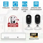 Elinz 4CH Wireless Wire-free Home Battery Security 1080P HD WiFi 2x Camera CCTV System NVR Indoor Outdoor 1TB HDD