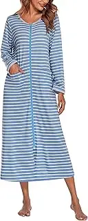 [Ekouaer] Women Robes Zipper Front Short Sleeve Full Length Housecoat with Pockets Plaid Loungewear