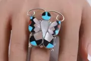 Allison Dishta Zuni Multi Gemstone Butterfly Adjustable Ring Handmade Size 8.5