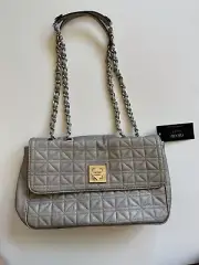 Nicole By Nicole Miller Silver Quilt Crossbody Shoulder Bag Chain Handle Pockets