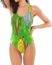 [RPLIFE] Cartoon Animals Jungle Womens One-Piece Swim Suit, Open Back Swimsuit Honeymoon Bathing Suits for Women