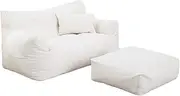Bean Bag Chair Cover Sofa Lazy Sack Stuffed Animal Storage Bean Bag Chair Cover +Footstool Cover Tatami for Organizing Children Plush Toys or Memory Foam,Beige