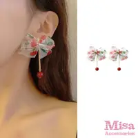 在飛比找momo購物網優惠-【MISA】韓國設計925銀針櫻桃印花蝴蝶結墜鍊造型耳環(9