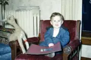 35mm Slide 1950s Kodachrome Boy on Armchair with Stuffed Deer or Alpaca