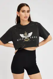 Grey Graphic Tee Short Sleeve Crop Round Neck - Size XS, Women's Graphic Tee