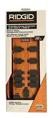 RIDGID 4200J Surge Protector 10 ft. Cord 10-Outlet 2.4 Amp USB-A 15-Watt USB-C