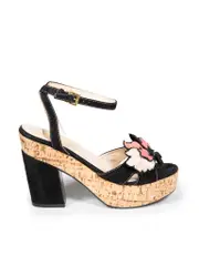 Black Suede Flower Applique Cork Sandals