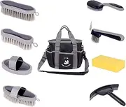 Premium Grooming Kit (9 Piece) - Organizer Tote Bag with Brushes for Tack Room - Nylon & Plastic Brushes for Horses - Perfect for Beginners or Professionals