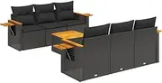 vidaXL Garden Sofa Set with Cushions - 7 Piece Modular Black Poly Rattan Patio Furniture - Acacia Wood Table Top - Easy-to-Clean and Customizable Outdoor Seating