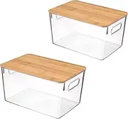 2 Set Clear Stackable Storage Boxes with Handles and Bamboo Wood Lid, Pantry Organizer Bins, 26x17.5x16 CM, for Kitchen, Pantry, Countertops, Cabinets, Freezer, Bedrooms, Bathrooms (2 Pack With Lid)