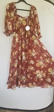 STORIA Remi Babydoll Floral Chiffon Maxi Ankle Dress Ballon elbow Sleeve NWT