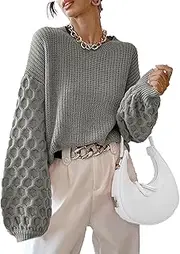 [Generic] Women's Muted Gray Cable Knit Sweater with Unique Honeycomb Sleeve Pattern and Oversized Fit for Comfortable Style