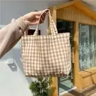 Travel Grocery Lunch Bag Japanese Style Plaid Handbag Reusable Tote Bags Women