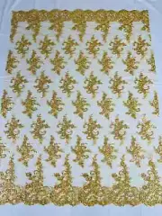 Flower Cluster Lace Fabric - Gold Floral Embroidered Sequins Fabric By Yard
