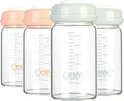 COMI Wide Neck Glass Breastmilk Collection n Storage Bottle, 9oz with Screw Ring Sealing Disk; Re-markable SureSeal Disc. BPA Free, Fits Spectra & Avent (2 Gray Lids + 2 Pink Lids) (CNP-180-4PCS)