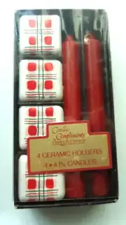 Japan Candle Compliments by Crowning Touch 4 Ceramic Holders & Red 4" Candles