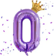 40 Inch Purple Number 0 & Mini Crown Balloon for Birthday Party Decorations, Pur
