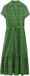 [Generic] Shirt Dress Women Green Button Long Dresses for Women Belt Cut Out Female Dress Short Sleeve Midi Women's Dress