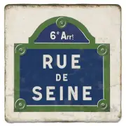 Studio Vertu, Rue de Seine Paris Street Sign Tumbled Botticino Marble Trivet, 8"
