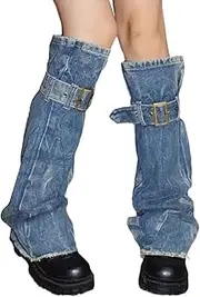 [WEISUYUUS] Women Distressed Jeans Blue Leg Warmer with Buckled Straps Punk Washed Denims Flared Boot Long Socks Streetwear