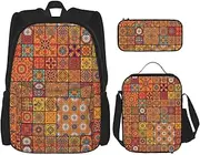 [CADREWY] Group Of Moroccan Geometric Print Travel Bag Adjustable Shoulder Straps Lunch Bag Pencil Case Large Capacity Bag, Black, One Size