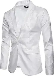 [DGHM-JLMY] Men Slim Fit Shawl Lapel Blazer Coat Regular Fit Suit Floral Blazer Jacket Business Jacquard Tuxedo Party Dinner, White 2, Medium