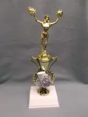 CHEERLEADING trophy award pompom and megaphone color riser weighted white base