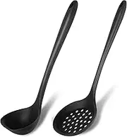 Silicone Soup Ladle Spoon Set of 2,Silicone Nonstick Large Skimmer Slotted Spoons ,Kitchen Ladle Strainer Spoons Heat Resistant Cooking Utensil for Cooking Stirring Serving Draining Frying