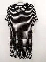 Terra & Sky T-Shirt Dress Crew Neck Dolman Short Slv Blk Wht Stripe 14W #16435