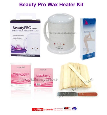 1L Beauty Pro Wax Heat Kit + Caronlab Strawberry Wax Strips Wood & Metal Spatula