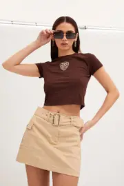 Brown Baby Tee Crew Short Sleeve Graphic Crop - Size S, Women's Graphic Tee