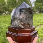 680g Natural Phantom Ghost Quartz Obelisk Quartz Cystal Point Wand Tower + Stand