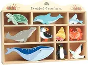 Tender Leaf Toys Coastal Creatures – 10 Wooden Ocean Animal Figurines with a Display Shelf - Classic Toy for Pretend Play – Develops Creative & Imaginative Skills – Learning Role Play – Ages 3+ Years