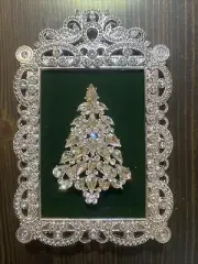Rhinestone Crystal Repurposed Jewelry Silver Framed Christmas Tree Art OOAK