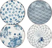 YALONG Ceramic Japanese Dinner Plates Set 7 Inch Appetizer Shallow Plates Serving Lunches, Cheese Salad, Dessert Set of 4 Assorted Motifs Microwave & Dishwasher Safe
