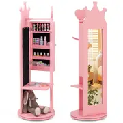 Babyjoy Kids Jewelry Cabinet w/Full-Length Mirror 3-in-1 Swivel Jewelry Organizer Children Dress Up Cabinet Pink