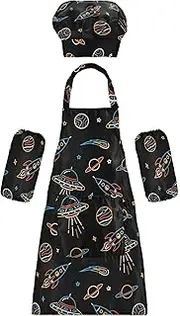 AIXIWAWA Kids Apron Chef Hat Set, Child Kitchen Bib Aprons Adjustable for Cooking Baking Painting (Space Doodle)