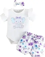 [Huloretions] Newborn Girl 3 Pcs Outfit Ruffle Sleeve Cartoon Elephant Print Romper Floral Print Shorts Set With Hairpin, 35057a