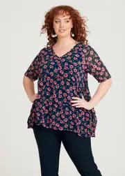 [Taking Shape] Taking Shape Chiffon Boho Top Size 16 in Navy Floral - Plus Size Women's Tops & T Shirts Navy Floral