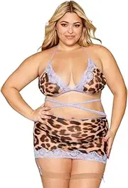 [Dreamgirl] Plus Size Leopard Mesh Lace Bralette Garter Skirt Set 13278X