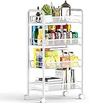 SHENMAIDAY 4-Tier Rolling Storage Rack Cart, Multi-Function Practical Storage Rack, Metal Mesh Rolling Cart, Kitchen Storage Cart with Wheels and 4 Side Hooks,Movable Trolley (White)