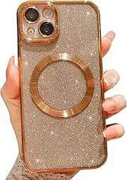 ELEPIK for iPhone 14 Plus Case with Camera Protector, [Full Camera Cover Protection] [Compatible with MagSafe] [Glitter Bling Plating] Clear Magnetic Slim Phone Case 6.8 inch, Gold