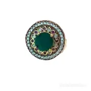 Handmade Vintage 925 Sterling Silver Round Emerald and Ruby Stones Women's Ring