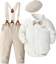 [SALNIER] Baby Boy Dress Suit Clothes Sets Infant Tuxedo Gentleman Suits Outfits Bowtie Shirt Suspenders Pants Beret Hat