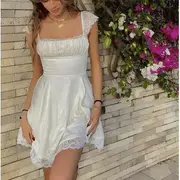 Cap Sleeve Square Neck Plain Ruched Panel Lace Mini A-Line Dress Black - S
