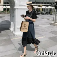 在飛比找momo購物網優惠-【UniStyle】假兩件牛仔拼接短袖洋裝 韓系設計感收腰顯