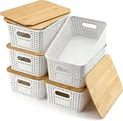Plastic Storage Baskets with Bamboo Lid, Stackable Small Storage Bins, Storage Baskets for Organizing Shelves Drawers Desktop Closet Office Kitchen