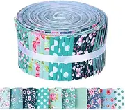 50 Pcs Green Blue Floral Jelly Fabric Strips Roll for Quilting Crafting Spring Summer Flower Precut Patchwork for Sewing DIY Crafts 2.55 Inch Polyester-Cotton Fabric Bundles