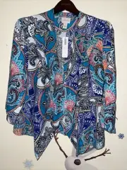 Chicos Womens Linen Turquoise Paisley Open Front Drape Jacket 3/4 Slv NWT